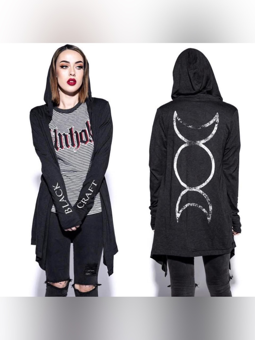 Blackcraft Triple Moon Hooded Cardigan Small Gothic Witchy Open Front Grunge